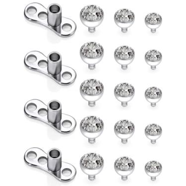 Imagem de Uqnwbdq Piercing dérmico de titânio 14G grau 23 joias hipoalergênicas base dérmica e tops roscados internamente transparente CZ top piercings para mulheres homens tamanho superior 2 mm 3 mm 4 mm