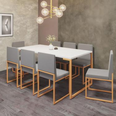 Imagem de Conjunto de Jantar Stan Industrial Mesa Quadrada 170x90cm Com 8 Cadeiras Ferro Dourado Tampo Branco Corino Cinza - Ahz Móveis