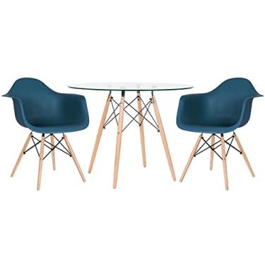 Imagem de Loft7, Mesa redonda Eames com tampo de vidro 100 cm + 2 cadeiras Eiffel Daw azul petróleo
