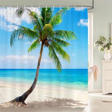 Imagem de Cortinas de chuveiro com estampa de vista para o mar, praia, concha, mar, surfe, cortina de banheiro, tecido de poliéster à prova d'água com gancho, decoração para casa de banho, 7576W, W90x