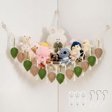 Imagem de Pretty Jolly Rede de armazenamento para pendurar na parede folha de macramê, organizador de brinquedos de canto boho de 150 cm com borlas, suporte de pelúcia para quarto de crianças (verde abacate e
