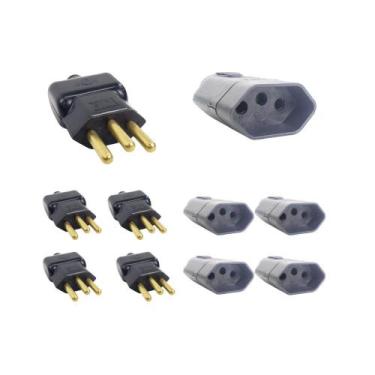 Imagem de Kit 5 Plugue Macho 3 Pinos 2P+T + Tomada Fêmea 20A Preto - Ilumi