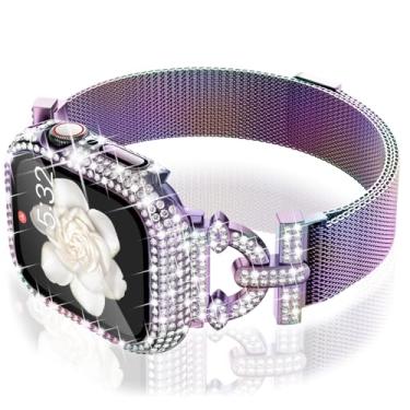 Imagem de WINGLE Pulseira milanesa feminina de malha magnética de metal com glitter, capa protetora de tela elegante para Apple Watch Watch de 40 mm, série SE 3/2/1 6 5 4, iridescente