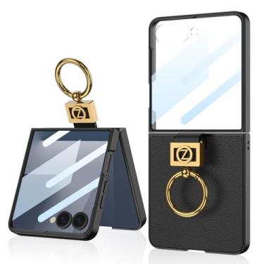 Imagem de HAO RIYLN Capa de couro para Samsung Galaxy Z Flip 7, protetor de tela embutido, capa fina à prova de choque com anel de dedo, preta, flip 7