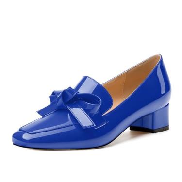 Imagem de CCYINJGIN Mocassim feminino com salto, salto grosso confortável para mulheres, sapatos mocassins com laço, Patente azul real, 38