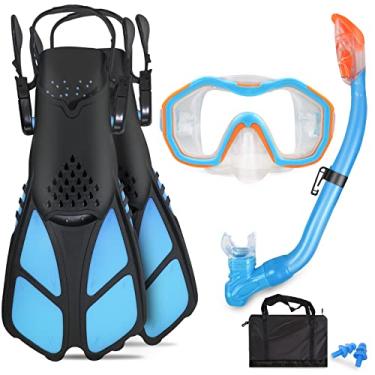 Imagem de AosDero Conjunto De Mergulho Com Snorkel Infantil Nadadeiras + Máscara Panorâmica Seco Protetores Auriculares Bolsa Equipamentos, Equipamento Para Crianças, Jovens, Meninos E Meninas 5 A 12 Anos