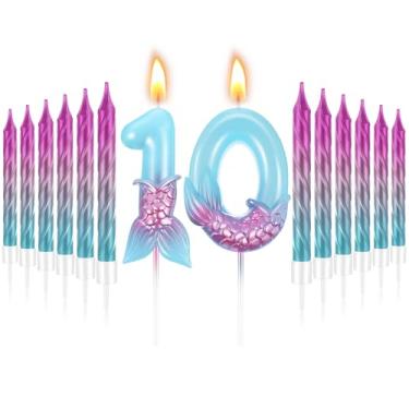 Imagem de MTLEE Conjunto de 13 velas com números de aniversário de sereia, 1 sereia e 12 velas espirais arco-íris para meninas, decorações de bolo de aniversário, decorações de festa de aniversário (número 10)