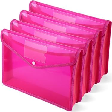 Imagem de Pacote com 4 pastas expansíveis de plástico A4, organizador de documentos à prova d'água com botão de pressão, vários bolsos, armazenamento de escritório em casa (rosa vermelha)
