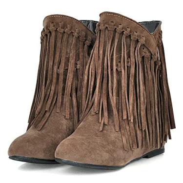 Imagem de KiutSymo Botas femininas com franja no tornozelo, bico redondo, panturrilha, larga, borla, casual, oculta, salto anabela, botas no tornozelo para o inverno, Amarelo, 38