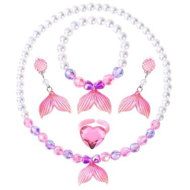 Imagem de BAOBAOJOY Joias de princesa para meninas, conjunto de joias de cauda de sereia de 5 peças, colar elástico, pulseiras, anéis e brincos de encaixe, perfeito para vestir, festas de aniversário, fantasia
