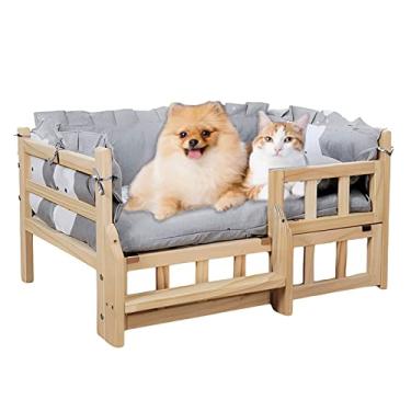 Imagem de Cama de madeira para cães, cinza, elevada, para animais de estimação, canil com roupa de cama lavável, área recreativa estável e durável para cães e gatos