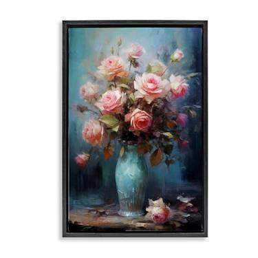 Imagem de Stupell Industries Vaso azul com rosas rosas pretas emolduradas flutuantes arte de parede design por LSR Creative Studio, 25 x 17