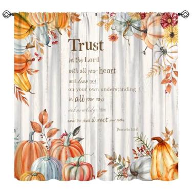 Imagem de Cortina de abóbora de outono, rústica outono dia de ação de graças colheita tratamento de janela motivacional citações inspiradoras versículos bíblicos cristãos cortinas escrituras para quarto, sala