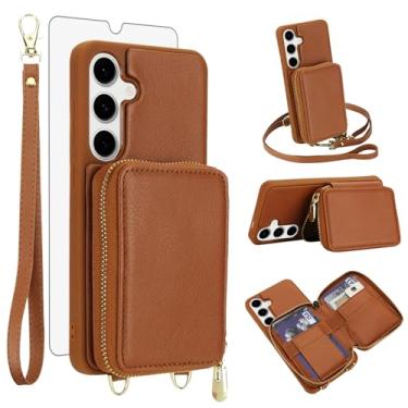 Imagem de Capa de celular para Samsung Galaxy S24 FE 5G carteira celular com protetor de tela de vidro temperado alça transversal de pulso suporte de cordão com bloqueio de RFID S 24 EF S24FE 24S mulheres