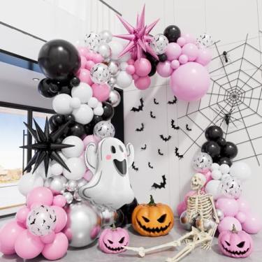 Imagem de Kit de guirlanda de arco de balão de Halloween – 129 peças de balões rosa preto, prata e branco com balões fantasmas e estrelas para meninas, festa de aniversário de Halloween, suprimentos de pano de
