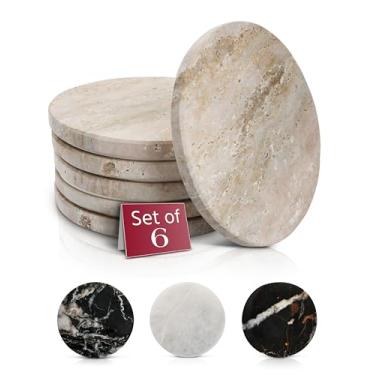 Imagem de Gusto Nostro Porta-copos de travertino bege - Conjunto de 6 porta-copos de pedra natural de alta qualidade para bebidas - Porta-copos de travertino artesanal redondo antiderrapante para balcão de