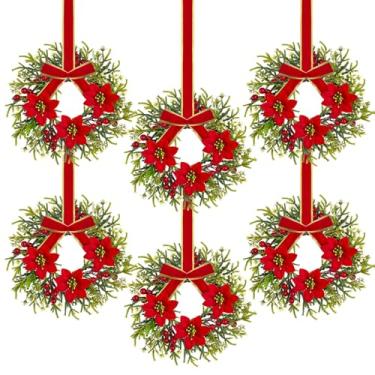 Imagem de 6 mini guirlandas de Natal de 25,4 cm com flores de poinsétia, guirlandas de armário para cozinha, guirlanda de Natal pequena com laço xadrez vermelho e preto, guirlanda de fazenda para decorações de