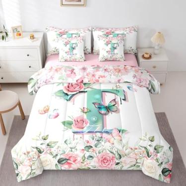 Imagem de Erosebridal Conjunto de edredom solteiro com letra T, monograma verde, 7 peças, para crianças, meninos e meninas, rosa e flores em aquarela em uma bolsa, conjunto de lençol com edredom personalizado