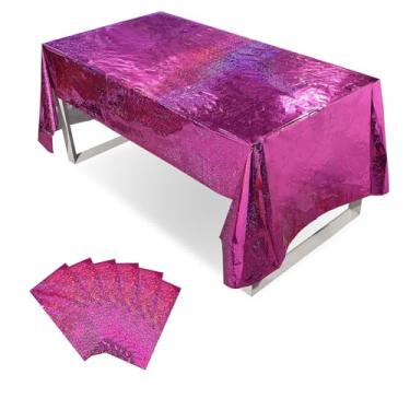 Imagem de XhuangTech Pacote com 6 toalhas de mesa de plástico iridescente, capas de mesa holográficas, descartáveis, brilhantes, rosa, retangulares, decorações de festa para aniversário, casamento, casamento