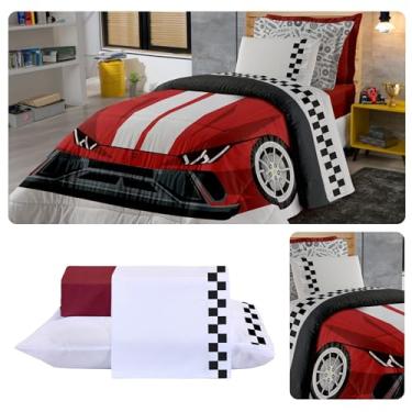 Imagem de Kit Completo Jogo de Lençol + Edredom Solteiro Percal 300 Fios 06 Peças Carros