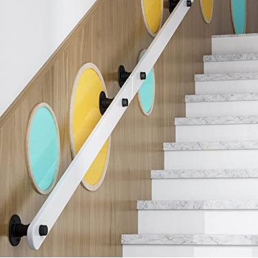 Imagem de Corrimãos de madeira 0,5-3,65 m corrimão de pinho antiderrapante kit completo para suporte de segurança interno barra corrimão suporte de trilho com suporte de aço inoxidável para escadas Villa Loft Co (cor: branco, tamanho: 5