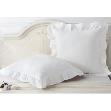 Imagem de Conjunto de 2 fronhas de travesseiro branco puro europeu com babados, capas de travesseiro de algodão lavado-66 x 66, branco