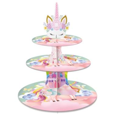 Imagem de Suporte de cupcake de unicórnio de 3 camadas, decorações de aniversário de unicórnio arco-íris pastel, topo de bolo de unicórnio e suporte de cupcake para chá de bebê, casamento, suprimentos de festa