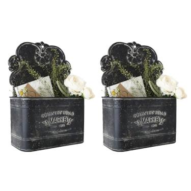 Imagem de All Chic Conjunto de 2 vasos de parede de metal para pendurar em ambientes externos, internos e externos, decoração de parede chique envelhecido (preto)