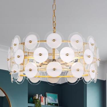 Imagem de Wellmet Lustre de vidro dourado de 61 cm, lustres de cristal modernos para sala de jantar, luz de teto de vidro redonda contemporânea para sala de estar, quarto, entrada, hall de entrada, cozinha