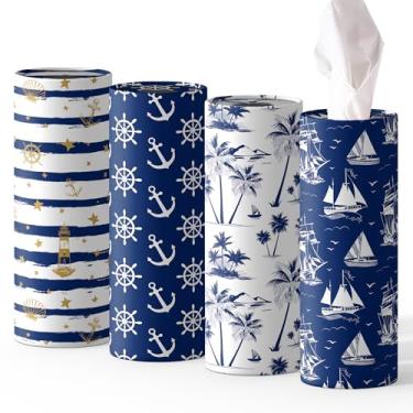 Imagem de Conjunto de 4 peças de caixa de lenços redondos náuticos para carro com lenços faciais, tubos náuticos de viagem para carro - 50 folhas cilíndricas para toalhas de rosto adequadas para porta-copos