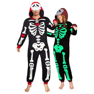 Imagem de OLAOLA Macacão adulto de esqueleto que brilha no escuro, fantasia de Halloween, pijama de caveira, peça única, cosplay para mulheres e homens, Esqueleto, P