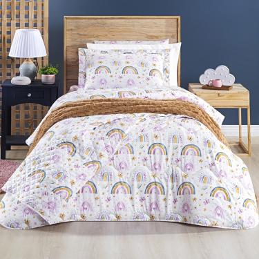 Imagem de Kit Cobre Leito + Jogo de Cama Tutti Kids 200 Fios Solteiro 05 Peças 100% Poliéster - Rainbow