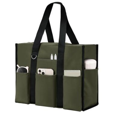 Imagem de Becokan Bolsa feminina grande, impermeável, com 12 bolsos, fecho de zíper, utilitária, professora, enfermeira, para trabalho, escola, Verde militar, Medium