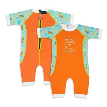 Imagem de Cheekaaboo Warmiebabes Roupa de banho para bebês e crianças, maiô térmico para bebês feito com neoprene FPS 50+, roupa de mergulho de secagem rápida, Laranja abóbora/dinossauro, 2-4 Years