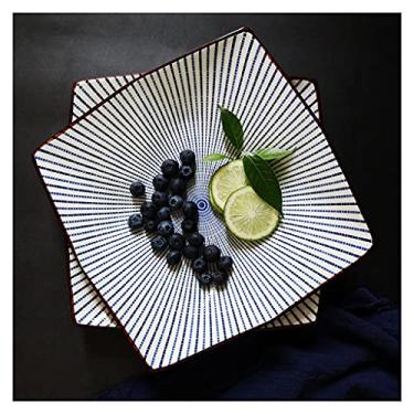 Imagem de Prato de serviço pratos de jantar de cerâmica estilo japonês, pratos de porcelana azul de 25 cm, listrados, pratos de jantar redondos, conjunto de 2 para salada, macarrão, bife, pizza (azul)