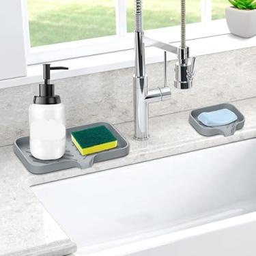 Imagem de Bandeja de sabão de silicone pacote com 2 com bico de drenagem, saboneteira inclinada para banheiro e pia de cozinha, 1 organizador de tamanho grande e 1 pequeno, cinza