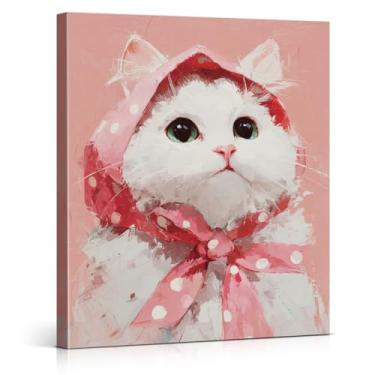 Imagem de Lindo lenço de cabeça rosa impressão de arte de parede de gato vintage arte arte estética rosa decoração de parede para quarto feminino sala de estar 20 x 25 centímetros emoldurado