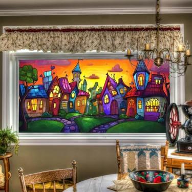 Imagem de HOMETITUTE Película de janela de vitral com desenho animado colorido aldeia pôr do sol decorativo janela de privacidade adesivos para casa quarto sala de estar 100 × 48 centímetros