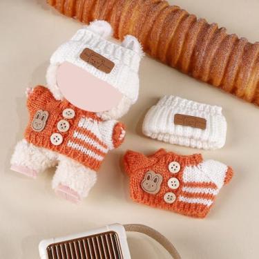 Imagem de Compatível com Labubu (sem boneca) - Conjunto de malha laranja-branco (chapéu + suéter + calça) com patch de coelho, roupas de boneca de 15 cm/17 cm (laranja-branco, sem bolsa)