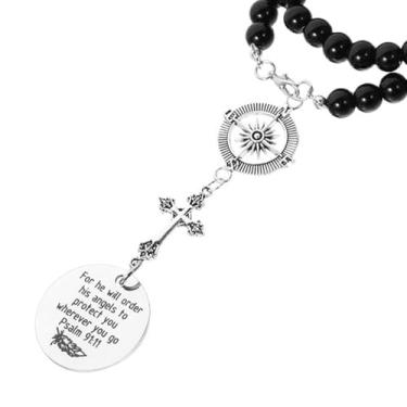 Imagem de Berloque de carro cristão cruz e bússola com salmo 91:11 versículo bíblico religioso acessórios de espelho retrovisor para mulheres e homens presente de anjo da guarda para viagem segura presente de