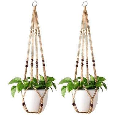 Imagem de Cesto de jardim suspenso de juta para ambientes internos com contas de madeira, suporte decorativo para vaso de flores, sem borlas, para decoração de casa Boho 89 cm com ganchos de metal S, marrom