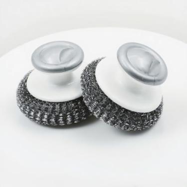 Imagem de Pacote com 2 esfregões de aço inoxidável resistentes – Escovas de cozinha que não arranham com alças confortáveis | Resistente à ferrugem para panelas, pias e churrasqueiras