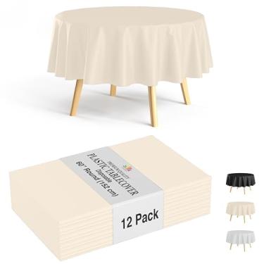 Imagem de Party Solids Pacote com 12 toalhas de mesa de plástico redondas marfim descartáveis – Tamanho: 152 centímetros – Toalhas de mesa redondas de plástico para festas, piqueniques e eventos formais