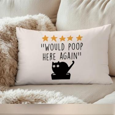 Imagem de Capas de travesseiro engraçadas de gato preto cocô aqui novamente 30 x 50, decoração de quarto de gatos, presente de gato preto para mulheres, presentes para mães e gatos, capas de travesseiro lombar