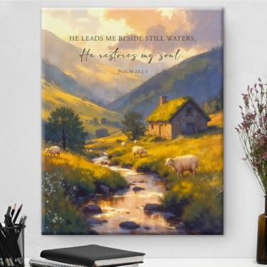 Imagem de Arte de parede em tela com versículo bíblico, salmo cristão 23:2-3, impressão das escrituras, pôster, ilustração, arte religiosa, moderna, emoldurada, para decoração de parede de escritório, quarto