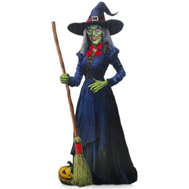 Imagem de DoubleFill Recorte de papelão tamanho real de bruxa de 1,8 m, decoração de Halloween, bruxa assustadora com vassoura, adereços para fotos, pano de fundo para festa de Halloween, decoração ao ar livre