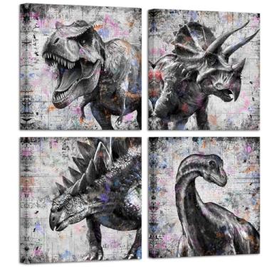Imagem de Fochorlo Arte de parede de dinossauro menino banheiro decoração animal pintura preto e branco grafite para quarto de crianças 30,5 x 30,5 x 30,5 x 4 peças