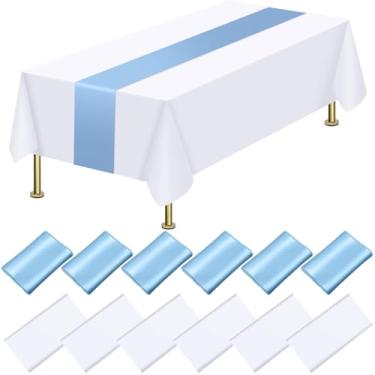 Imagem de CACASO Conjunto de 12 toalhas de mesa descartáveis de plástico e conjunto de caminho de mesa de cetim, toalhas de mesa brancas de 137 x 272 cm, corredores azuis de 30 x 272 cm, capa de mesa retangular