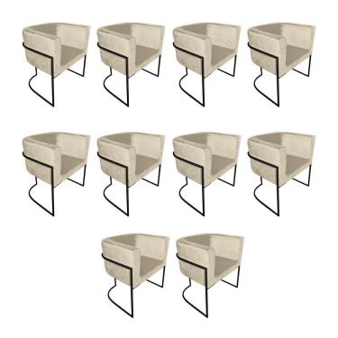 Imagem de Kit 10 Poltronas Decorativa Sala De Estar Base De Ferro Preta Veludo Bege