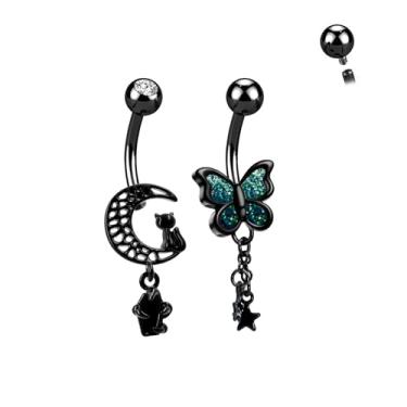 Imagem de ALACLO 2 peças de anéis de umbigo com pingente de Halloween 14G com rosca interna para piercing de umbigo joia de aço inoxidável 316L borboleta lua estrela garra preto anel de umbigo 10 mm